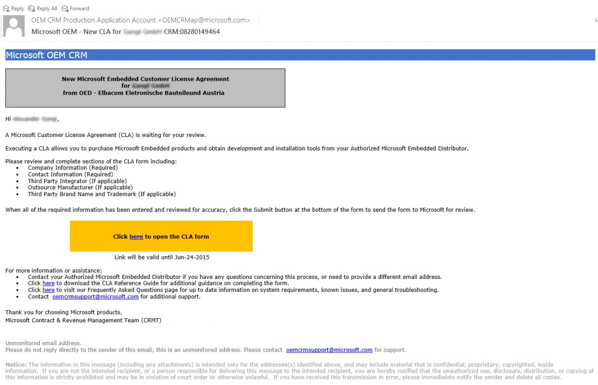 Microsoft CLA invitation email