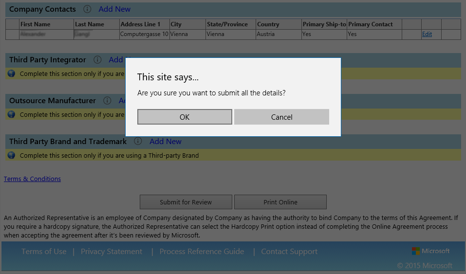 Submit for review confirmation dialog