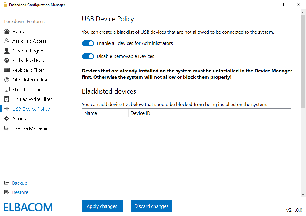 USB Device Policy Configuration